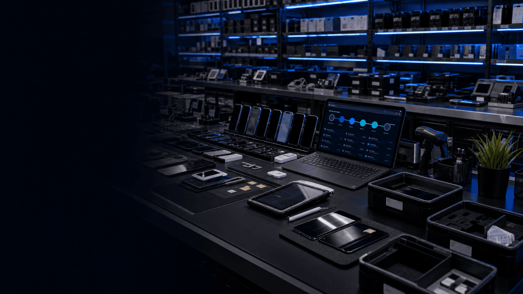 Wireless lifecycle management bench with devices, return bins, labels, dashboard, SIM cards, and support workflow tools